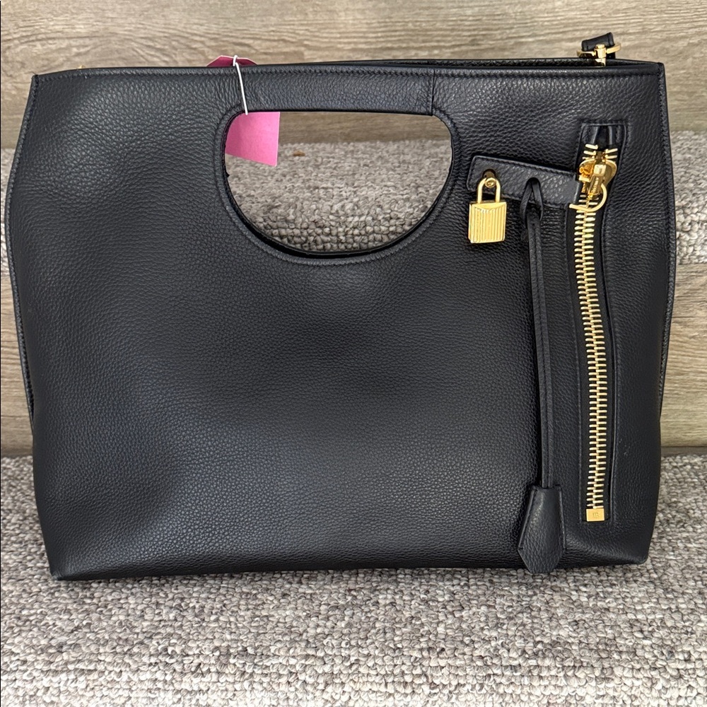 Black Leather Grab Bag with Gold Hardware